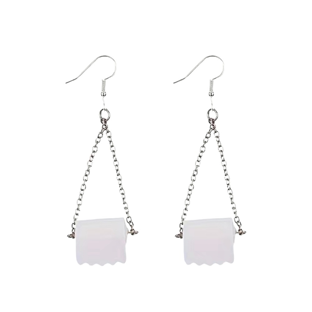Silver and White Toilet Paper Roll Chain Dangle Earrings
